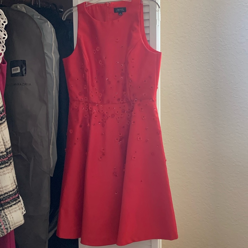 Tahari red beaded flower dress knee length